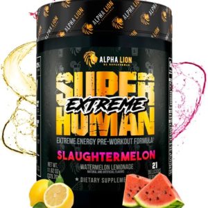 ALPHA LION Superhuman Extreme, Extreme Energy Pre-Workout Formula, Intense, Sustained Energy and Focus, Elevated Nitric Oxide, Maximum Pumps & Nutrient Delivery (21 Servings, Slaughtermelon)
