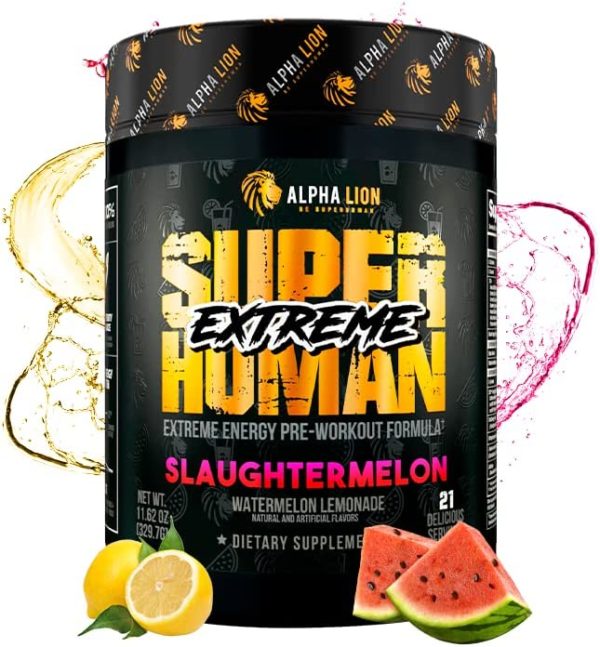 ALPHA LION Superhuman Extreme, Extreme Energy Pre-Workout Formula, Intense, Sustained Energy and Focus, Elevated Nitric Oxide, Maximum Pumps & Nutrient Delivery (21 Servings, Slaughtermelon)