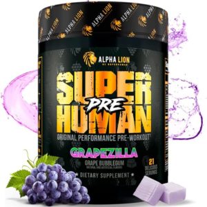 ALPHA LION Superhuman Pre Workout Powder, Beta Alanine, L-Taurine & Tri-Source Caffeine for Sustained Energy & Focus, Nitric Oxide & Citrulline for Pump (21 Servings, Grapezilla)