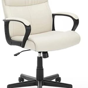 Mid-Back Office Computer Desk Chair with Armrests, Adjustable Height, 360-Degree Swivel, Lumbar Support, PU Leather, White