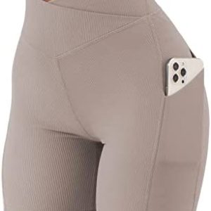 OMKAGI Women Cross Waist Workout Shorts with Pockets 4" Ribbed High Waisted Yoga Biker Shorts