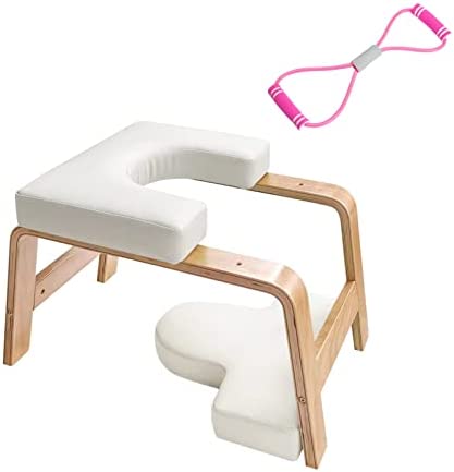 KOKONM Chair Yoga Headstand Chair Wooden with Black Leather Inversion Frame for Home Gym Yoga Workout Relieve Fatigue (with Elastic Yoga Band)