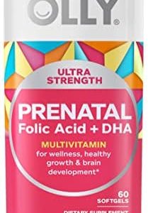 OLLY Ultra Strength Prenatal Multivitamin Softgels, Supports Healthy Growth, Brain Development, Iron, Folic Acid, DHA, Vitamins C, E, 30 Day Supply-60 Count (Packaging May Vary)