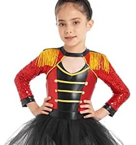Nikiikoo Kids Girls Ringmaster Circus Costume Shiny Sequins Tassel Tutu Dress Dancewear with Steampunk Hat