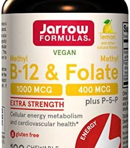 Jarrow Formulas Extra Strength Methyl B-12 & Methyl Folate - 100 Chewable Tablets, Lemon Flavored - Bioactive Vitamin B12 & B9 - Cellular Energy and Cardiovascular Support (Packaging May Vary)