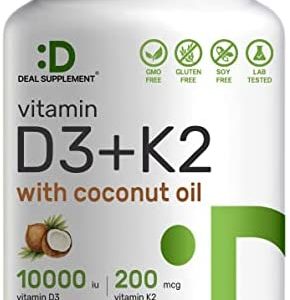 Vitamin D3 10,000 IU + K2 MK7 200 mcg, Infused with Virgin Coconut Oil, 180 Softgels, Double Strength Vitamin D & K, Promotes Heart, Bone & Teeth Health - Very Easy to Swallow