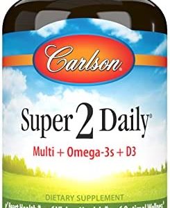 Carlson - Super-2-daily, Multi + Omega-3s + Lutein + D3, Vitamins A C D E plus Norwegian Fish Oil, Fish Oil Multivitamin, Vitamins & Minerals, Multivitamin with Lutein, 120 Softgels