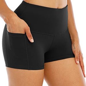 CHRLEISURE Spandex Yoga Shorts with Pockets for Women, High Waisted Workout Booty Shorts 3in