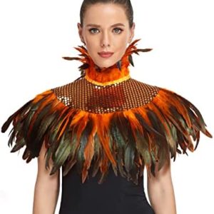 HOMELEX Natural Feather Sequin Shawl Gothic Black Cape with Choker Collar