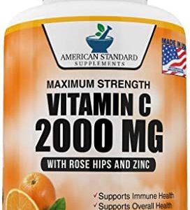 Vitamin C 2000mg with Zinc 40mg Per Serving and Rose Hips Extract, Immune Support for Adults, Immune Booster, Vegan Non GMO, No Filler, No Stearate, 120 Vegan Capsules, 60 Day Supply