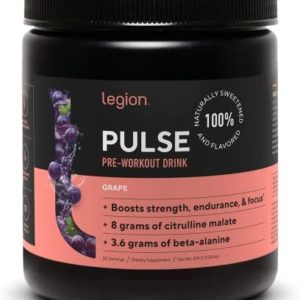 Legion Pulse Pre Workout Supplement - All Natural Nitric Oxide Preworkout Drink to Boost Energy, Creatine Free, Naturally Sweetened, Beta Alanine, Citrulline, Alpha GPC (Grape)