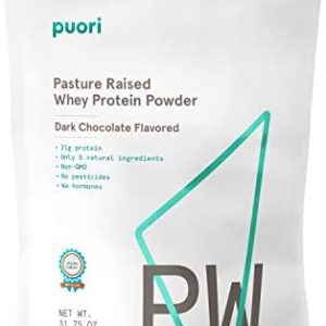 Puori Whey Protein Powder - Dark Chocolate - PW1 Pasture Raised, Grass-Fed & Non-GMO - 100% Natural and Pure for Muscle Growth - 21g Protein 1.98lbs - Gluten-Free