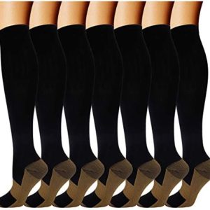 Double Couple 7 Pairs Copper Compression Socks for Men Women 20-30 mmHg Knee High Stockings