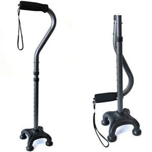 Ez2care Adjustable Folding Quad Cane for Right or Left Hand Use, Lightweight, Self Standing Small Base Walking Stick for Travel and Storage, Four Prongs Collapsible Cane, Metallic Grey