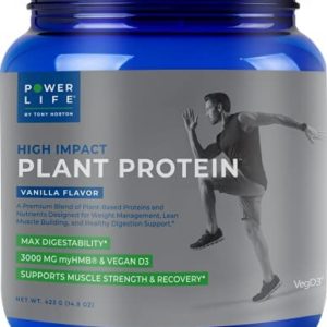 POWERLIFE Tony Horton High Impact Plant Protein Powder with 3000 MG of HMB, Plant-Based, No Sugar Added, Vegan, Keto Friendly, Non-GMO (Vanilla)