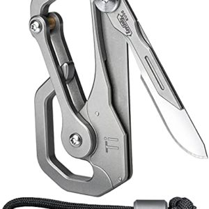 KeyUnity KU00 Titanium Quickdraw Carabiner with Folding Knife, B Shaped EDC Multifunctional Keychain with 2 Inch Ruler, Palm Sized Lightweight Stainless Body Perfect for Home/Office/Camping