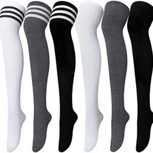 Senker Fashion 6 Pairs Thigh High Socks Striped Over Knee Socks Long Stocking Leg Warmer Socks for Daily Wear, Cosplay, Three Stripes