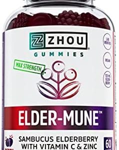 Zhou Nutrition Elder-Mune Sambucus Elderberry Gummies with Zinc and Vitamin C for Kids & Adults (Age 4+) Immune Support with Antioxidants, Vegan, Gluten Free, Non-GMO, 30 Servings, 60 Gummies