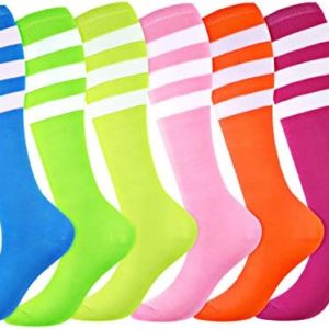 6 Pairs Colorful Striped Knee High Socks, Neon Stripe White Black Knee Colored Tube Socks for Women Girls