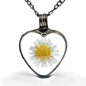 Large Handmade Glass Heart with Real Dry Pressed Daisy, Mother's Day Gift Jewelry, April Birth Flower, Long Chain Necklace