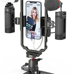 SmallRig Universal Phone Video Rig Kit for iPhone, Smartphone and Cameras, Phone Stabilizer Rig w/ Tripod Microphone LED Light Side Handle Power Bank Holderm, for Vlogging & Live Streaming - 3384B