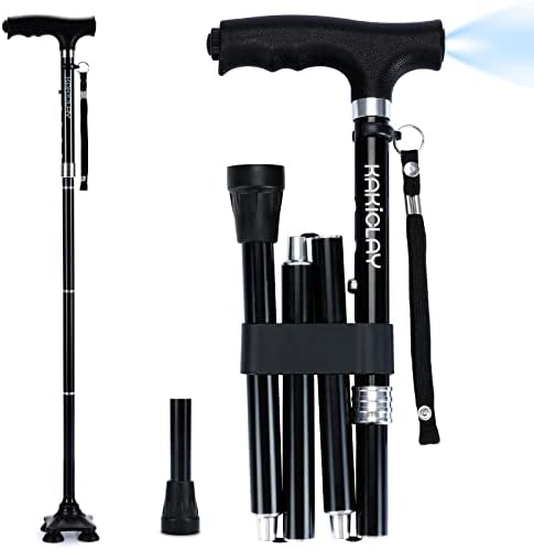 KAKICLAY Folding Walking Cane with LED Light for Men & Women, Foldable Lightweight Heavy Duty Aluminum Walking Stick for Seniors & Adults