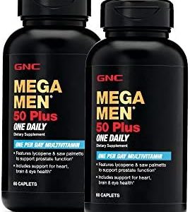GNC Mega Men 50 Plus One Daily Multivitamin, Twin Pack, 60 Caplets per Bottle, Supports Heart, Brain and Eye Health