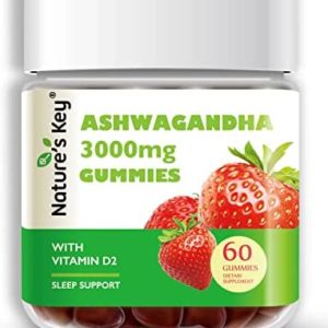 Nature's Key Ashwagandha Gummies, 3000 mg High Potency Ashwagandha Root Extract with Vitamin D2, for Men & Women, Strawberry Flavor (60 Count (Pack of 1)