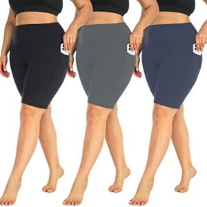 MOREFEEL 3 Pack Plus Size 8" Biker Shorts with Pockets for Women-High Waist Non-See Through Workout Black Yoga Short