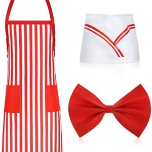 Haysandy 3 Pieces Christmas Adult Waiter Costume Kit Car Costume Red and White Striped Apron Adjustable Bib Aprons with 2 Pockets Soda Jerk Chef Hat Adjustable Red Bow Ties for Christmas Xmas Party()
