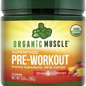 Organic Muscle Organic Pre Workout Powder for Men & Women - Vegan & Plant Based Superfood Energy Powder for Endurance, Strength, Stamina, & Focus - Strawberry Mango, 160mg Natural Caffeine, 20 Serv