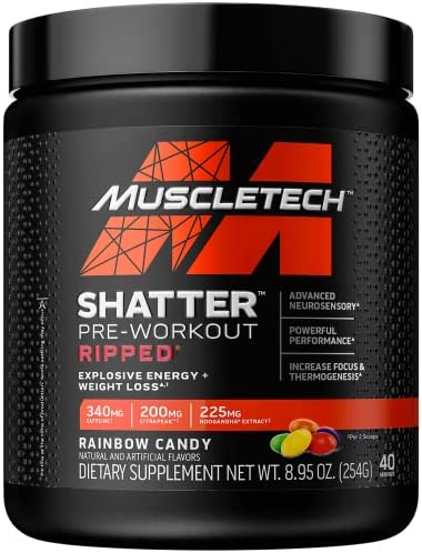MuscleTech Pre Workout + Weight Loss Shatter Ripped Pre-Workout | Pre Workout for Men & Women | PreWorkout Energy Powder Drink Mix | Energy + Weight Loss Formula | Rainbow Candy (40 Servings)