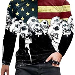Men's Street Trend USA Flag and Skull Print Long Sleeve Personality Fashion Graphic T-Shirt Workout Gym Fitness Muscle Tees