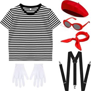 French Mime Artist Costume Set for Women Girl Tops,Beret,Gloves,Red Neck Scarf,Suspenders,Oval Sunglasses for Cosplay Party