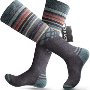 Ski Socks 2-Pack Merino Wool, Over The Calf Non-Slip Cuff for Men & Women