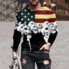 Men's Street Trend USA Flag and Skull Print Long Sleeve Personality Fashion Graphic T-Shirt Workout Gym Fitness Muscle Tees - Image 2