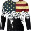 Men's Street Trend USA Flag and Skull Print Long Sleeve Personality Fashion Graphic T-Shirt Workout Gym Fitness Muscle Tees - Image 3