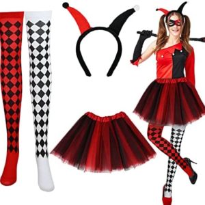 Matiniy 3 Pcs Female Jester Costume Red White Clown Costume Set Halloween Kids Wicked Jester Dress for Mardi Gras Party Carnival Party Cosplay