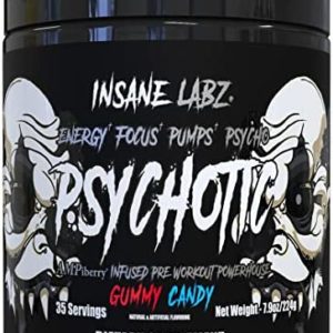 Insane Labz Psychotic Black Edition Mid Stimulant Pre Workout Powder, Energy Focus Pumps, Loaded with Creatine Beta Alanine Taurine Fueled by AMPiberry, 35 Servings (Gummy Candy)