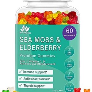 BIO VITALICA Sea Moss Gummies Elderberry BioVitalica - Vitamin C D + Zinc - Irish Seamoss Vegan Gummy with Sea Moss Gel & Powder for Immunity, Detox & Energy - for Adults and Kids