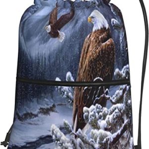 Drawstring Backpack Bag Eagle Bald Stand Snow Branch School String Yoga Gym Bag