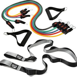 Brazyn Bundle - Resistance Bands Kit (with Handles) and Mobility Stretching Strap (Gray) for Home Workouts, Strength Training, Stretching, Yoga, Physical Therapy, Pilates, Dance and Gymnastics