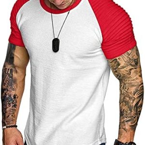 JSFOIRYROU Gym Workout T-Shirt for Men Pleated Raglan Short Sleeve Base Layer Muscle Bodybuilding Fitness Cotton Tee Tops