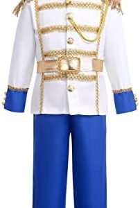 Prince Charming Costume for Boys Halloween Christmas Cosplay Outfits Toddler Kids Medieval Royal Knight Fairytale Dress Up with King Crown Red Robe Wand Rose Hero Xmas Costume Blue (4PCS) 10-12 Years