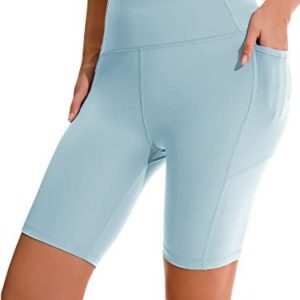 APEXUP Workout Shorts, 8" Biker Shorts Women High Waist, Spandex Yoga Shorts with Side & Inner Pockets