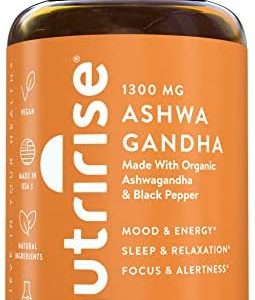 NutriRise Organic Ashwagandha Root Capsules with Black Pepper, 1300mg, Natural Stress & Mood, Thyroid, and Immune Support Supplement, Nootropic for Focus & Energy, Gluten Free, 120 Count