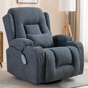 Houjud Manual Recliner Chair, 360° Swivel Rocker Recliner Chair Glider Lounge Chair with Massage and Heated, 2 Cup Holders, Lumbar Pillow and 4 Pockets for Living Room Home Theater (Blue)