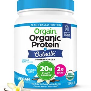 Orgain Vegan Protein Powder + Oatmilk, Vanilla Bean, 20g of Plant Based Protein, 2g of Sugar, Made from Organic Oats, No Dairy or Soy, Non-GMO, 1lb