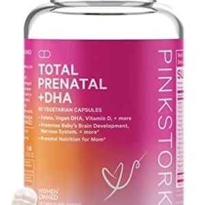 Pink Stork Total Prenatal Vitamin with DHA & Folate: Doctor-Formulated Prenatal Vitamins, Multivitamin with Iron, Vitamin B6 & B12, Vitamin D, Pregnancy Must Haves, Women-Owned, 60 Vegetarian Caps