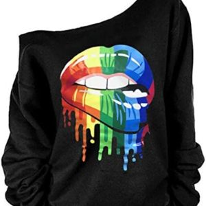 MAGICMK Woman’s Sweatershirt Lips Print Causal Blouse Off The Shoulder Long Sleeve Loose Slouchy Pullover Plus Size Tops
